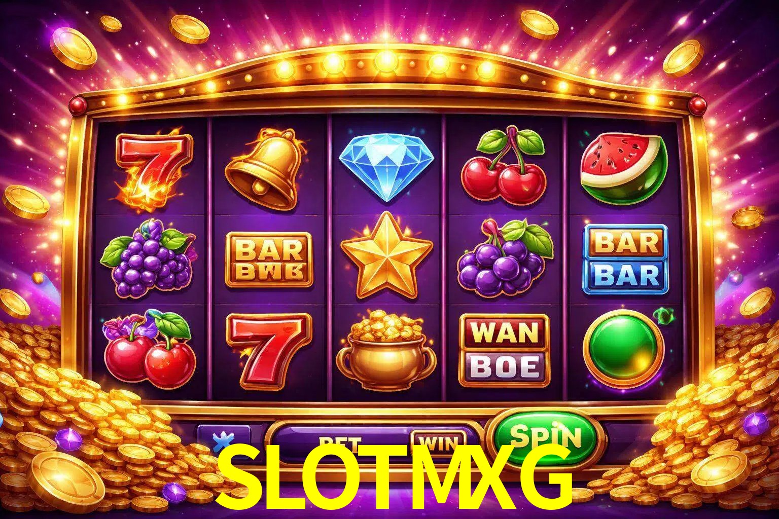 Una interfaz colorida de tragamonedas en línea con símbolos brillantes, monedas y un efecto de victoria celebratoria en SLOTMXG.