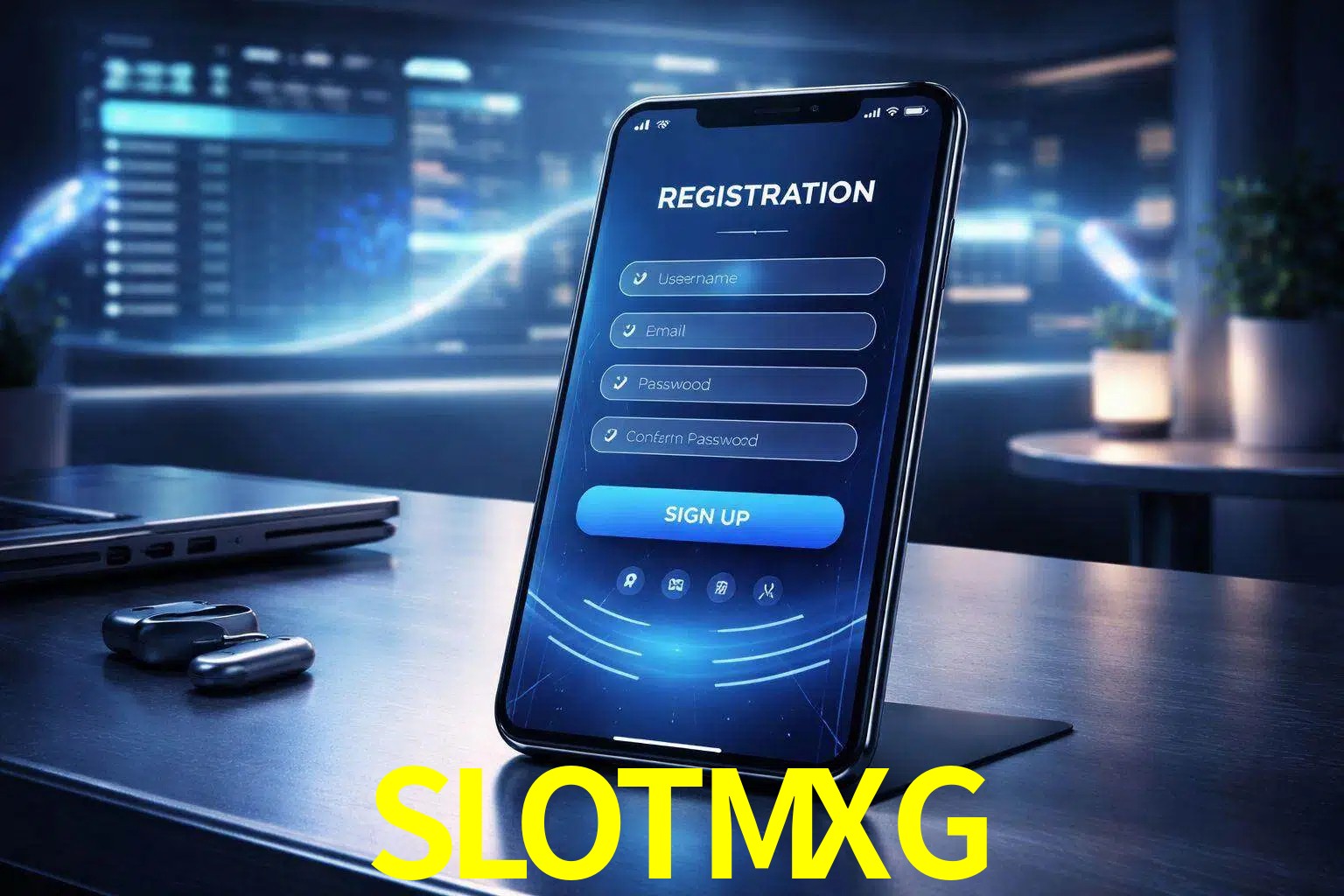Una interfaz moderna de registro móvil para SLOTMXG mostrada en un smartphone con un panel de apuestas elegante.